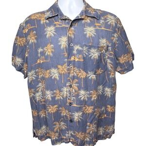 ALEX CANNON Blue Linen Blend Palm Tree Hawaiian Shirt S Coastal Tropical Beachy